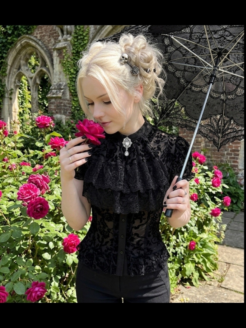 Black Embroidered Mesh Blouse with Crystal Brooch